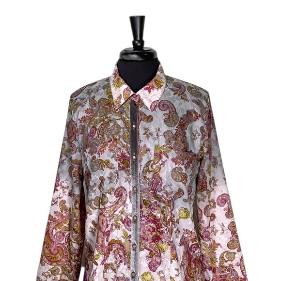 Aratta Silent Journey Button Up Shirt Paisley Velvet Burnout Mixed Print Boho M - Picture 6 of 10